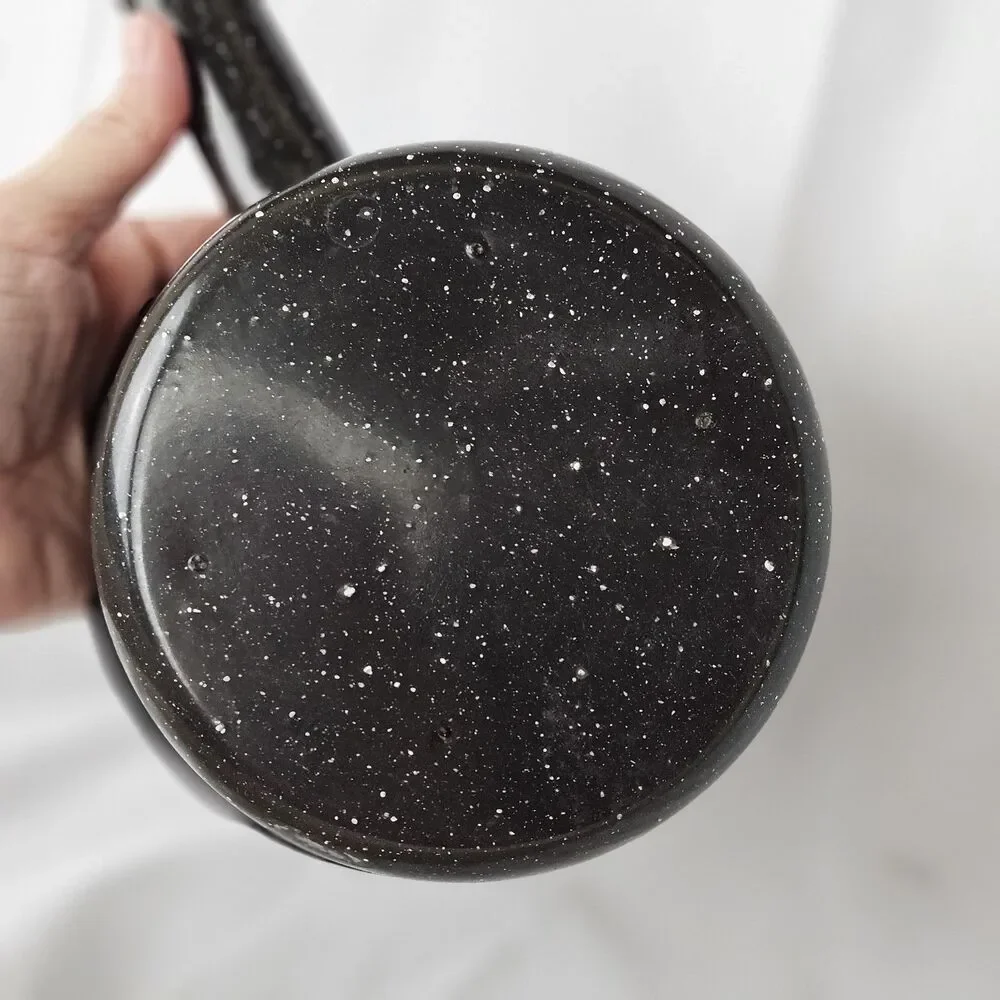 Old 1960s 3x6 Charcoal Gray White Speckled Vintage Enamelware One Quart Saucepan